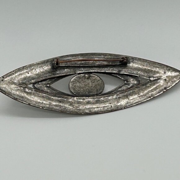 Vintage Eye-Shaped Silver-Tone Brooch With Black acrylic "Evil Eye" Cabochon For - Picture 4 of 16